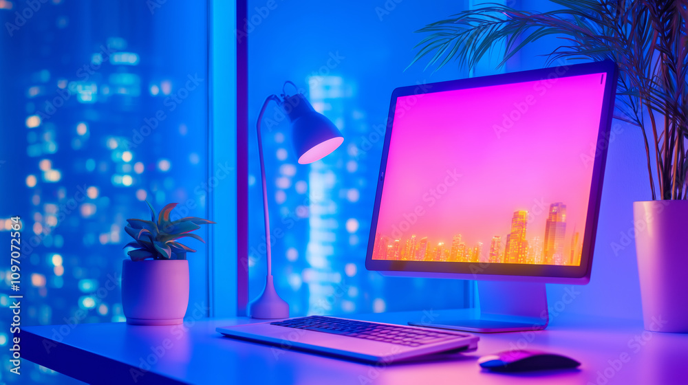 Home office setup with vibrant lighting and city view at night Home office setup with vibrant lighting and city view at night