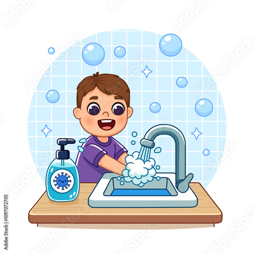Boy in pajamas washes his hands under running water from the tap, standing near the sink. There is antimicrobial soap on the table. Cartoon style illustration, isolated.