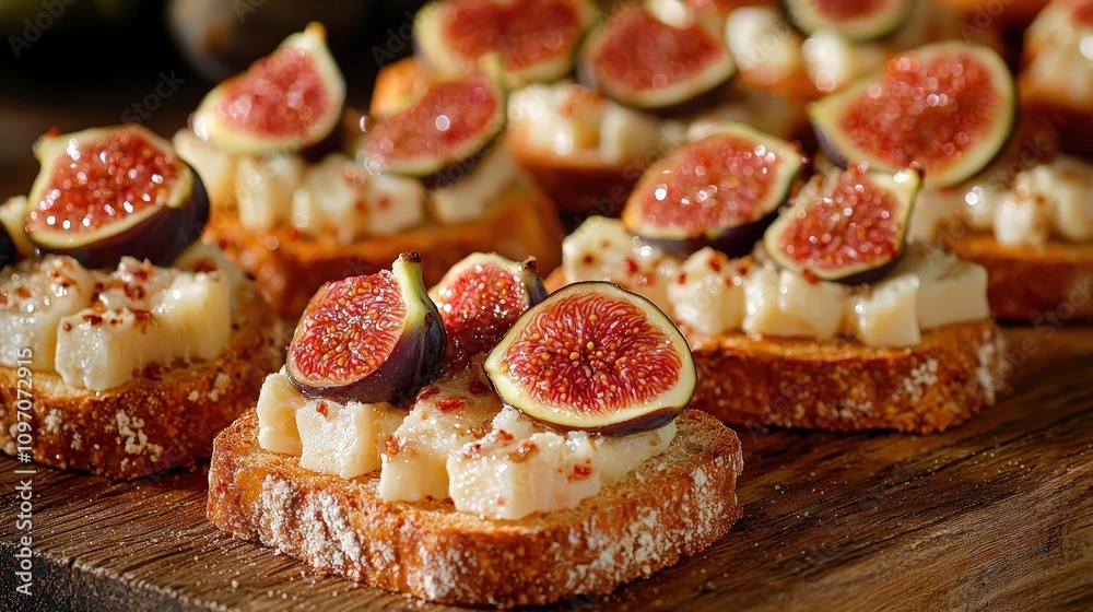 Delicious fig and cheese bruschetta on rustic bread Delicious fig and cheese bruschetta on rustic bread