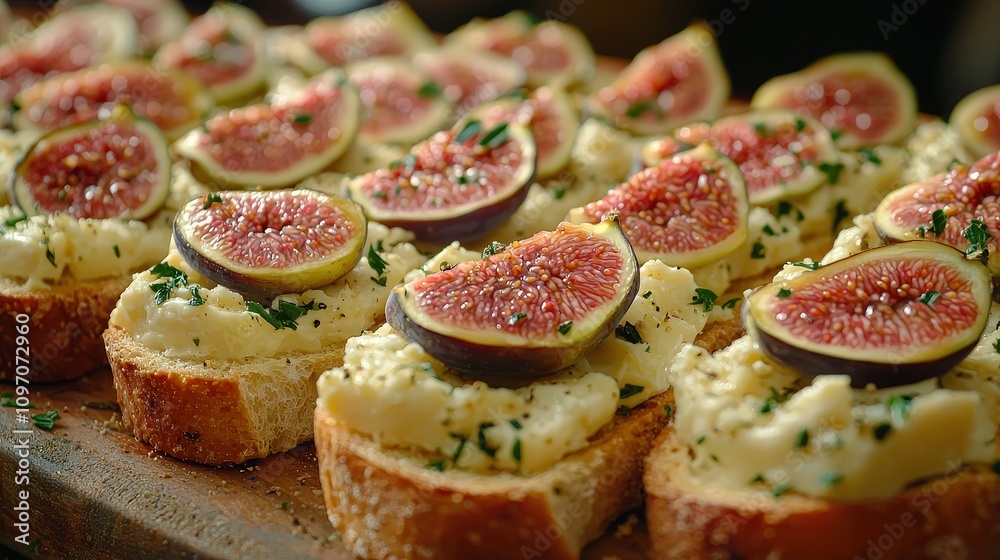 Gourmet fig and cheese bruschetta garnished with fresh herbs on artisan bread Gourmet fig and cheese bruschetta garnished with fresh herbs on artisan bread