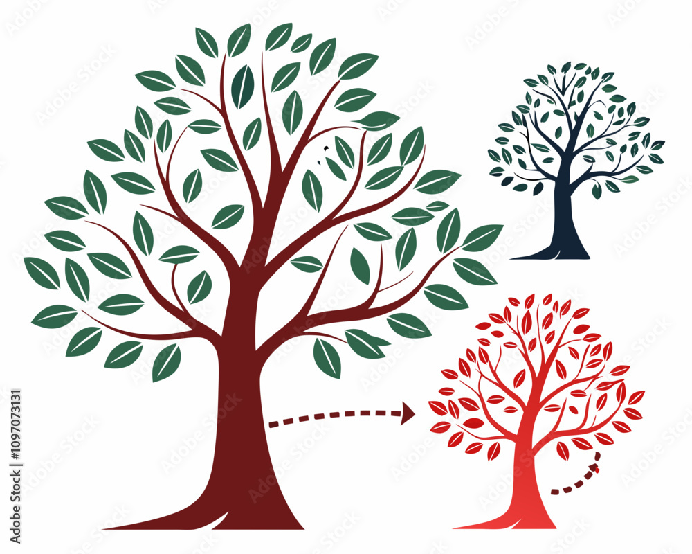 Fototapeta premium A vector art design features a set of four seasons tree silhouettes, illustrating nature's seasonal growth with green leaves in spring and summer, floral blossoms, autumn's fall foliage, and bare bran