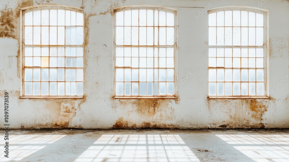 A bright, spacious room with three large windows and a weathered, textured wall. A bright, spacious room with three large windows and a weathered, textured wall.