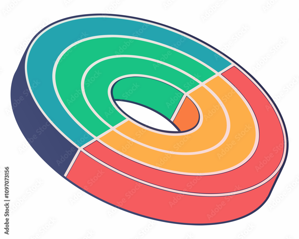 This vector illustration shows an abstract spiral shape as a symbol aiming for the red target at the center, representing a business concept of success and achieving goals