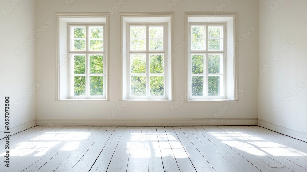 Bright, empty room with three windows showcasing greenery outside. Bright, empty room with three windows showcasing greenery outside.