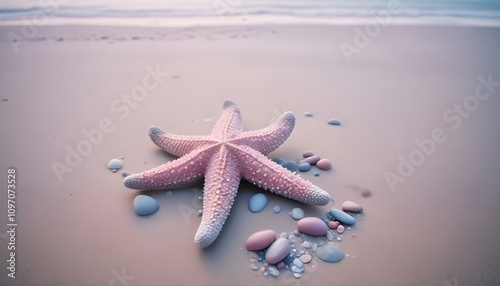 Una estrella de mar gris en una playa de arena con el océano al fondo