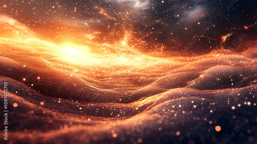 Obraz premium Shimmering gold particles forming an abstract hill scene under a starry cosmic sky