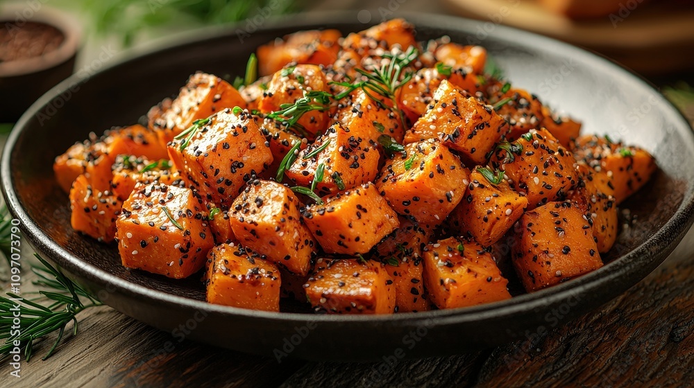 Roasted sweet potato cubes with quinoa and herbs in rustic bowl Roasted sweet potato cubes with quinoa and herbs in rustic bowl