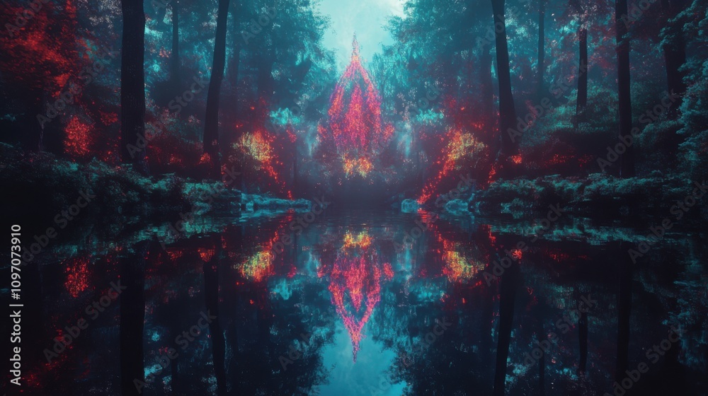 Vibrant forest reflection water mystical atmosphere Vibrant forest reflection water mystical atmosphere