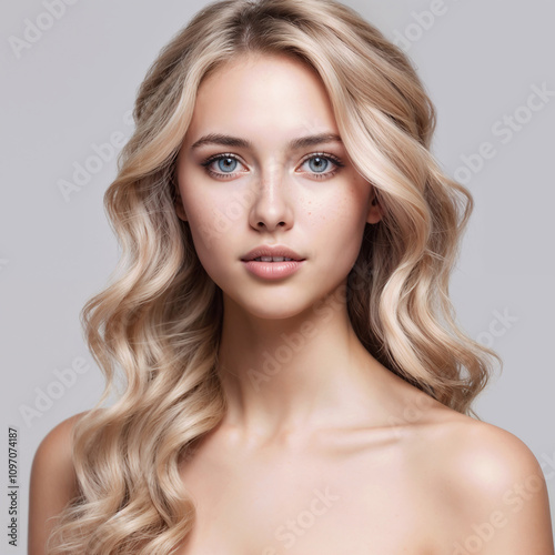 young beautiful model girl with blonde curly long hair isolated on white