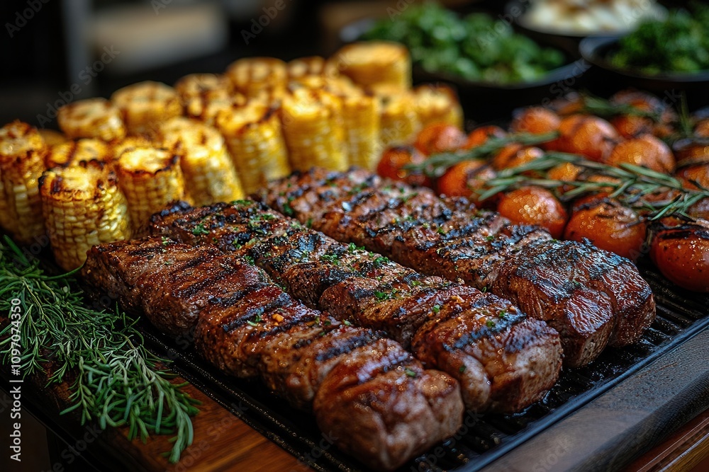 lavish indoor catering buffet featuring an array of grilled meats beautifully arranged, inviting guests to indulge in a feast, capturing the essence of culinary excellence in a restaurant setting lavish indoor catering buffet featuring an array of grilled meats beautifully arranged, inviting guests to indulge in a feast, capturing the essence of culinary excellence in a restaurant setting