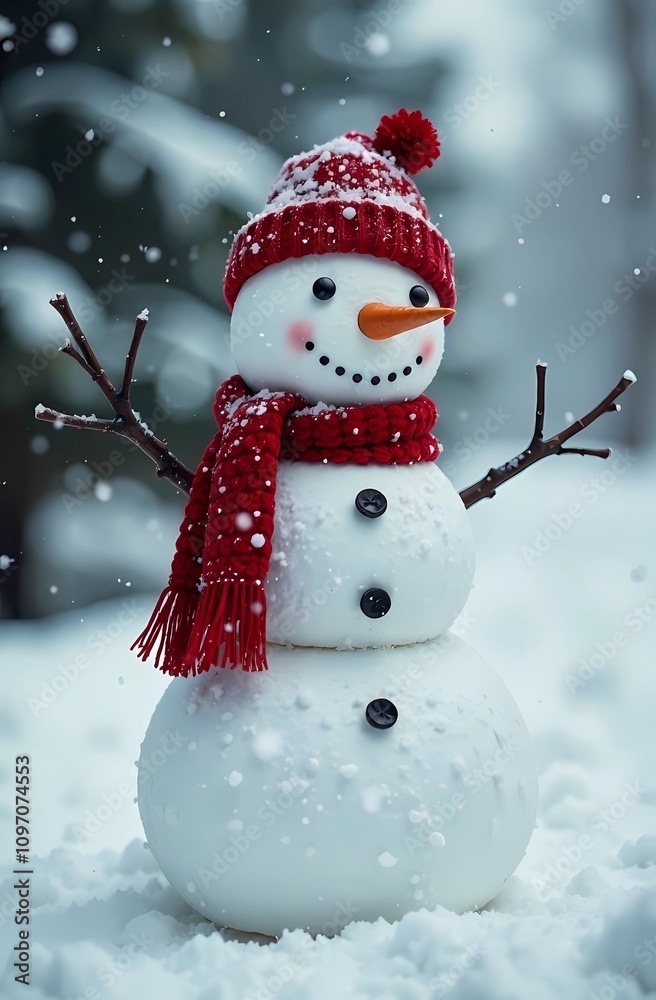 Fototapeta premium Snowmen standing in a winter Christmas landscape. Winter background. Festive mood. 