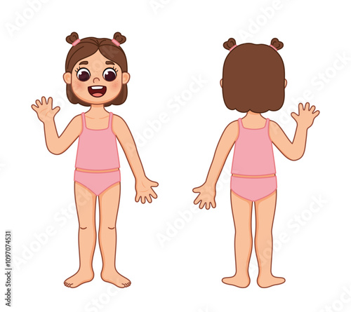 Character little girl in a T-shirt and panties, front and back view. Cartoon style illustration, isolated.
