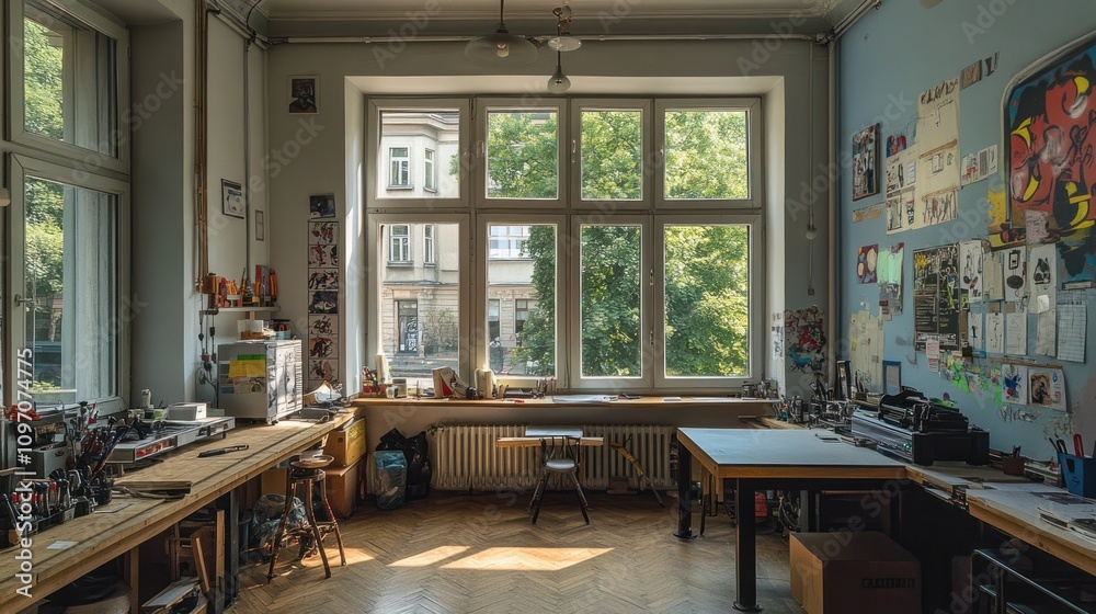 A bright artist's studio with large windows and creative workspace.