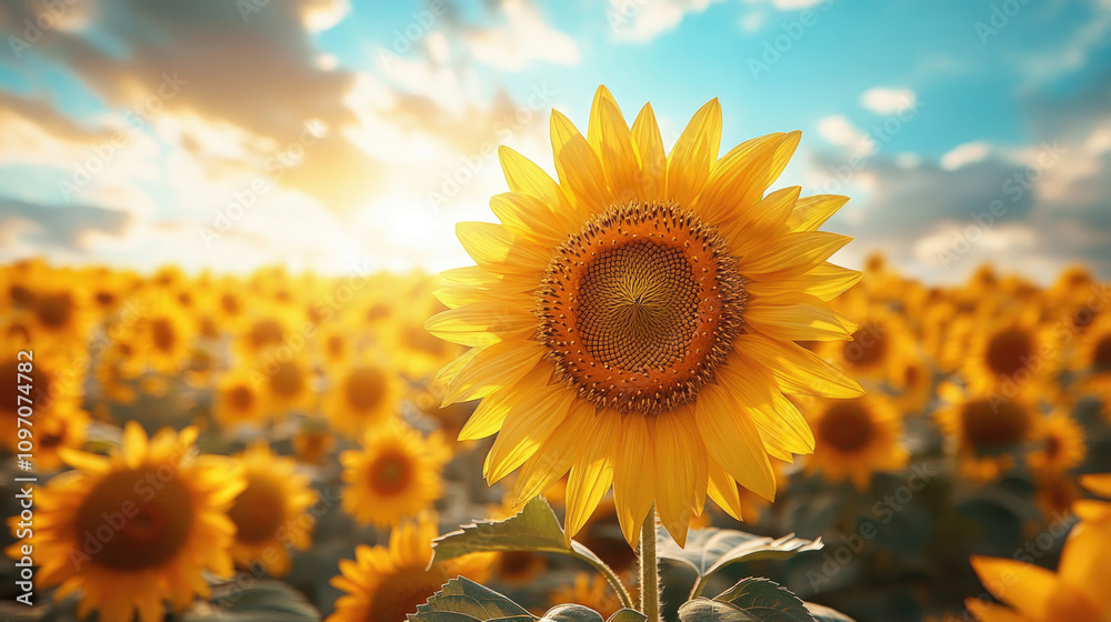 Fototapeta premium Sunlit Sunflower Field at Sunset