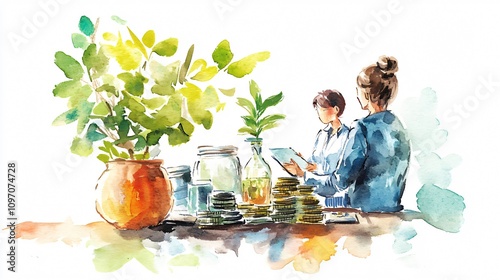 Watercolor Painting of Women Managing Finances with Jars, Plants, and Coins