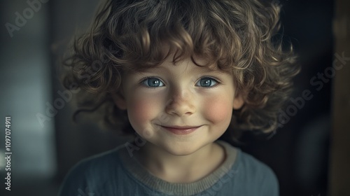 A smiling young boy with curly hair and bright blue eyes, exuding innocence and joy.