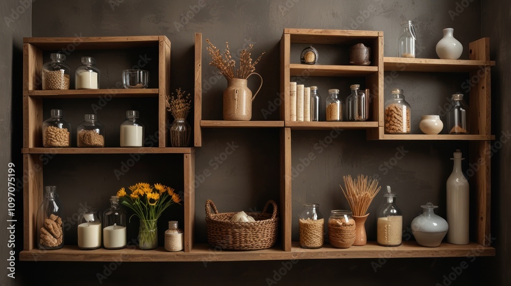 Rustic wooden shelves with pantry items, dried flowers, and candles. Rustic wooden shelves with pantry items, dried flowers, and candles.