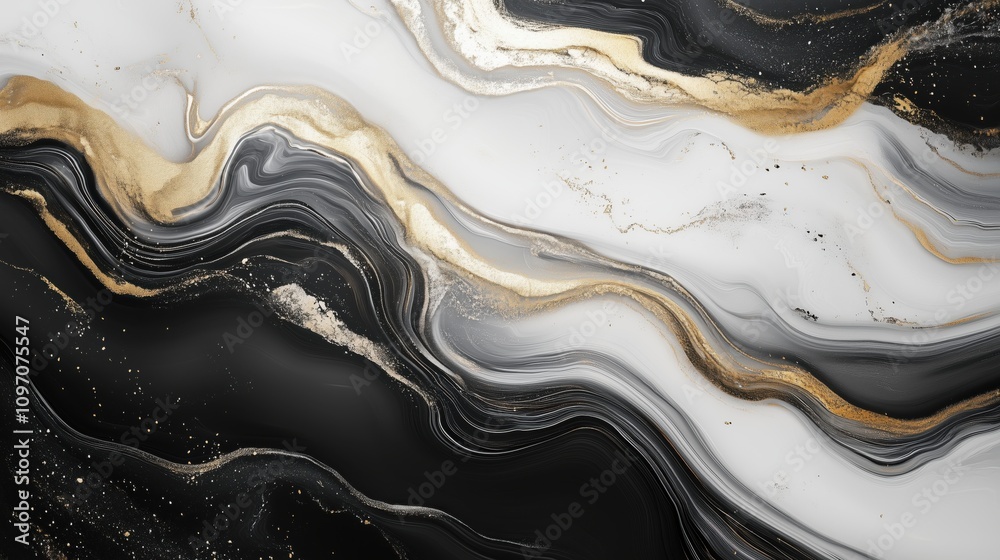 Abstract fluid art marble flowing pattern with modern black, white and gold metallic gradient color background