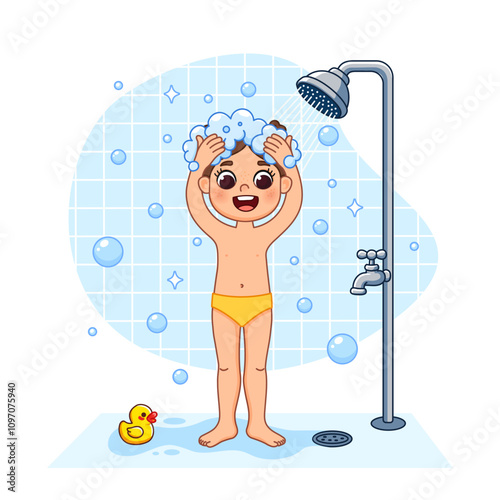 A girl is taking a shower, a duck is swimming nearby. She is washing her hair with shampoo under running water. Cartoon style illustration, isolated.
