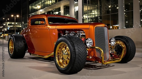 Vintage hot rod car in urban night setting; gleaming orange and gold, luxury showcase