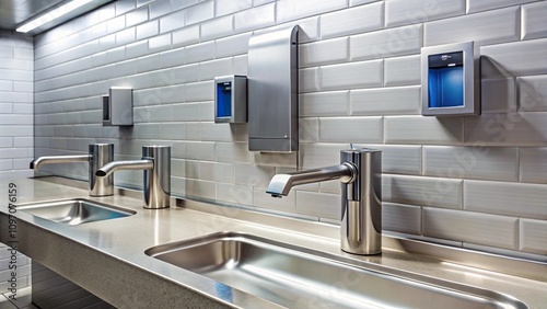 A futuristic infrared sensor tap in brushed aluminum, installed in a public bathroom with white subway tiles and automatic soap dispensers