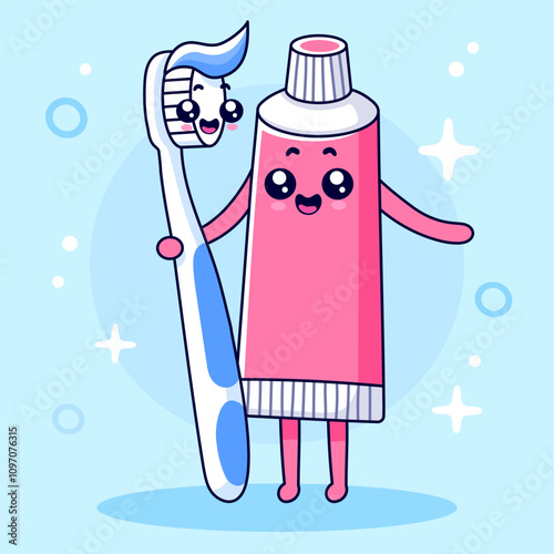 Toothpaste stands hugging a toothbrush. Cute characters. Cartoon style illustration, isolated.