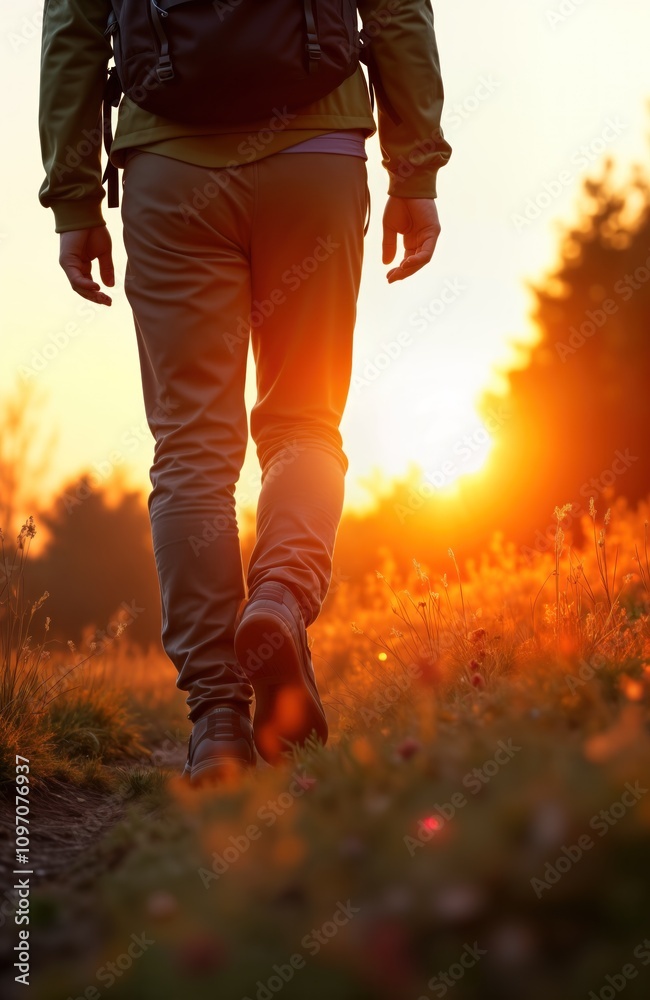 Hiker walks sunset meadow path. Person with backpack enjoys nature. Warm light bathes hiker boots. Freedom adventure travel landscape photo. Scenic view summer trail walk. Hiker walks sunset meadow path. Person with backpack enjoys nature. Warm light bathes hiker boots. Freedom adventure travel landscape photo. Scenic view summer trail walk.