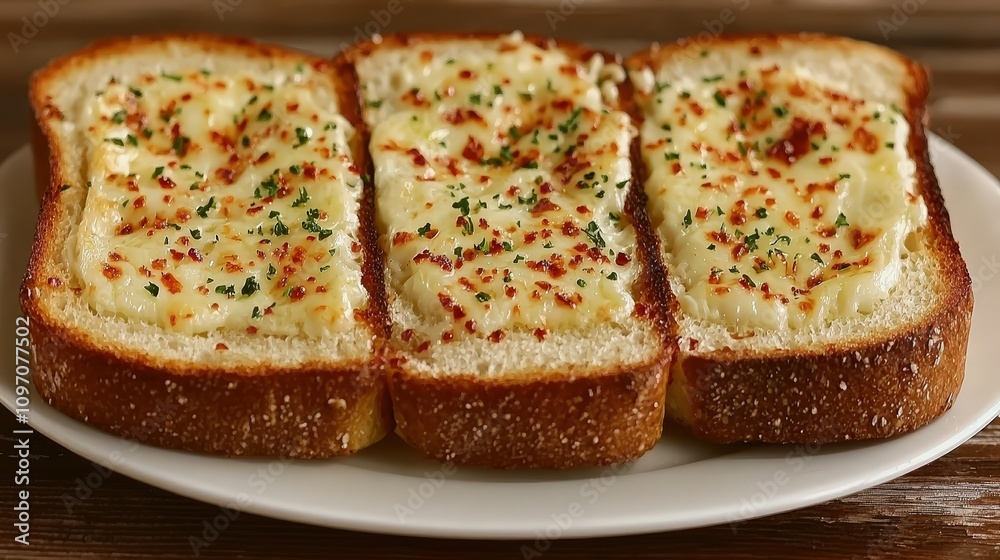 Delicious cheesy garlic bread slices with herbs on a white plate Delicious cheesy garlic bread slices with herbs on a white plate