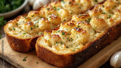 Crispy homemade garlic bread with fresh herbs on wooden board photo