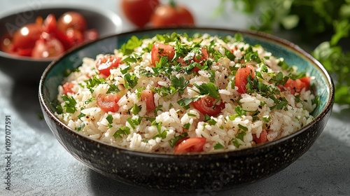 Fresh tomato and herb rice salad in a rustic bowl surrounded by vegetables