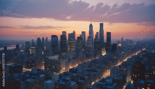 Una vista panorámica del bullicioso horizonte de la ciudad al atardecer. El paisaje urbano está lleno de altos rascacielos y edificios iluminados por el cálido resplandor del sol poniente. photo