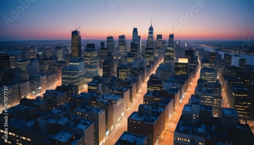 Una vista panorámica del bullicioso horizonte de la ciudad al atardecer. El paisaje urbano está lleno de altos rascacielos y edificios iluminados por el cálido resplandor del sol poniente. photo