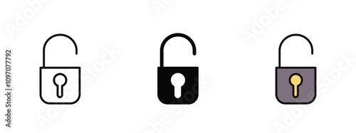 Set of 3 "Unblocked" icons with 1 line, 1 silhouette n 1 colored icon with an unexpanded vector icon inside - padlock with an open shackle n unblocking content