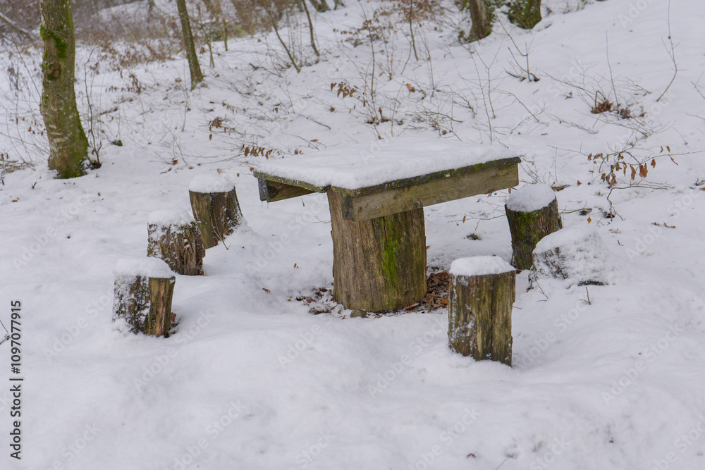 rustic wooden table and chairs in the forest park rustic wooden table and chairs in the forest park