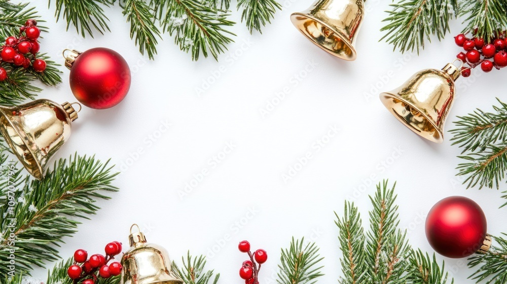 A festive arrangement of pine branches, bells, and ornaments for holiday decoration. A festive arrangement of pine branches, bells, and ornaments for holiday decoration.