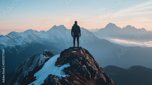 Man on Mountain Peak Stunning Sunrise Landscape Snow Capped Peaks Achievement