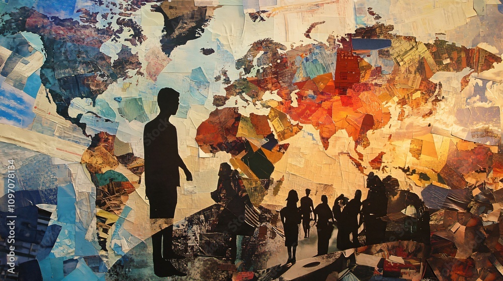 Fototapeta premium Global Travel - World Map with Silhouettes of People Symbolising Migration