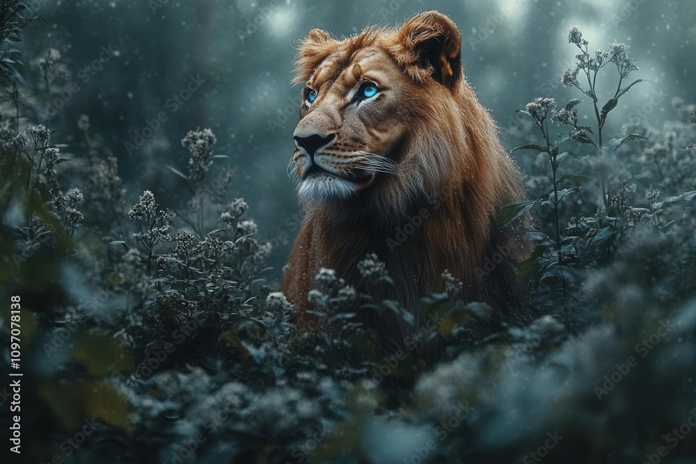magic-filled forest enveloped in mist, where a majestic lion roams with an ethereal glow. lush greenery contrasts with the soft fog, creating a mystical ambiance perfect for an enchanting fantasy tale magic-filled forest enveloped in mist, where a majestic lion roams with an ethereal glow. lush greenery contrasts with the soft fog, creating a mystical ambiance perfect for an enchanting fantasy tale