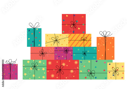 Happy birthday. Merry Christmas. Gifts with bows and ribbons. Stack of colorful present gift boxes. Set of wrapped gift boxes isolated on background. Sale and shopping