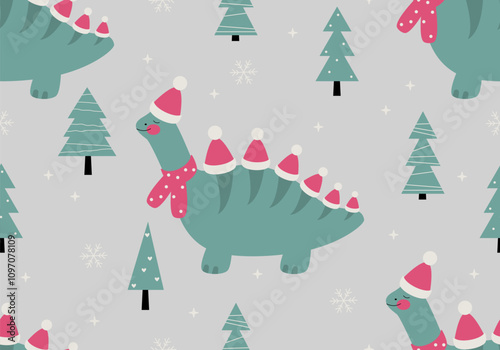 Seamless pattern with Christmas Dinosaur dressed as Santa Claus hat. Vector illustration background texture. Christmas funny dinosaurs, seamless pattern