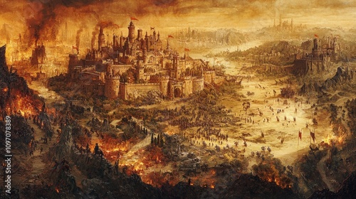A battle-worn castle city stands defiantly amid smoke and flames, surrounded by makeshift battlements and armies, capturing conflict and resilience under siege.