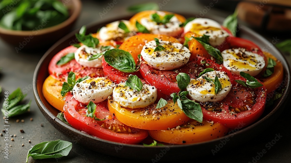 Fresh and vibrant caprese salad with colorful heirloom tomatoes and mozzarella Fresh and vibrant caprese salad with colorful heirloom tomatoes and mozzarella