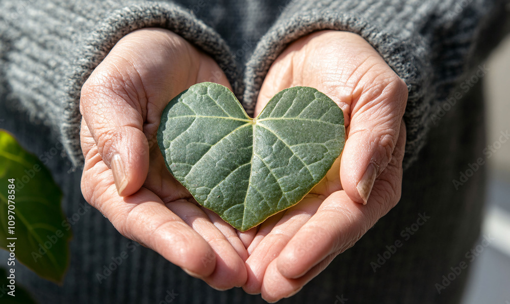 Hands holding green heart-shaped leaf Hands holding green heart-shaped leaf