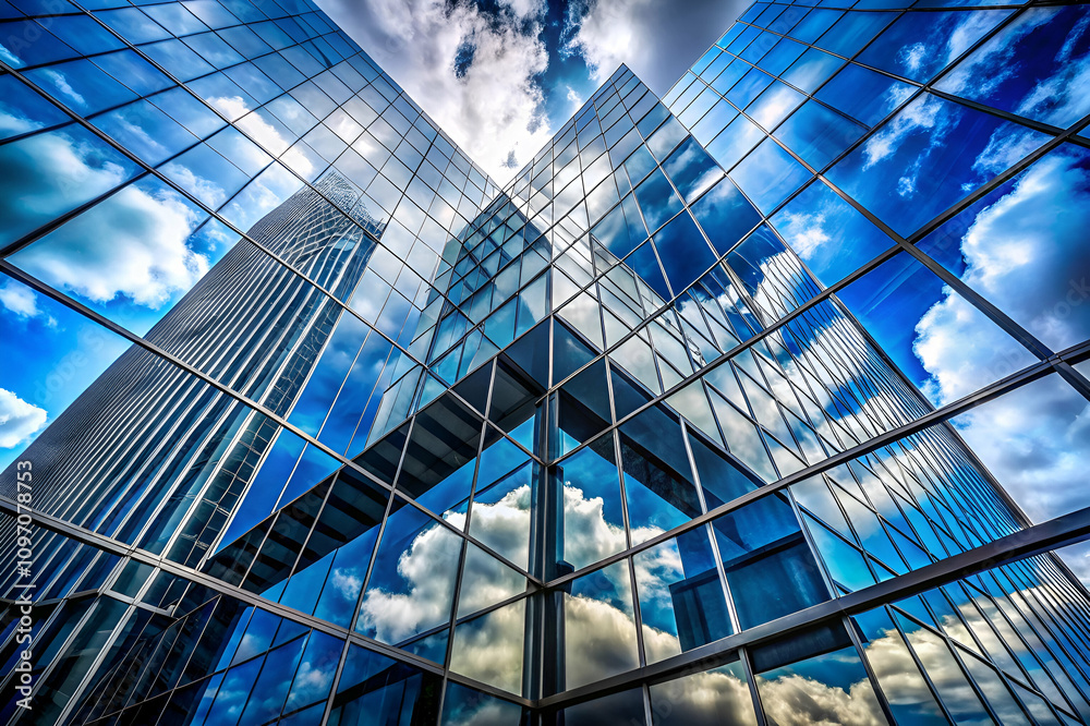 Obraz premium A stunning perspective of a modern glass building reflecting the sky and clouds, showcasing intricate angles and architectural beauty.