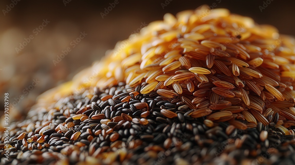 Obraz premium Close-up of diverse rice grains piled together in harmony