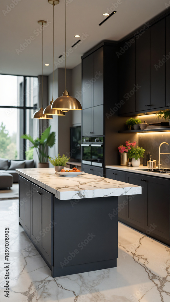 Fototapeta premium Stylish minimalist kitchen with black cabinets and marble countertops