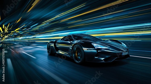 Sleek sports car speeding on futuristic highway, perfect for dynamic motion concepts