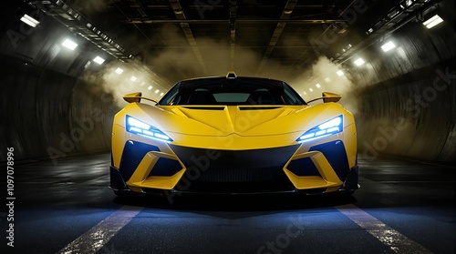 Sleek yellow sports car in tunnel with headlights on, dynamic automotive advertisement