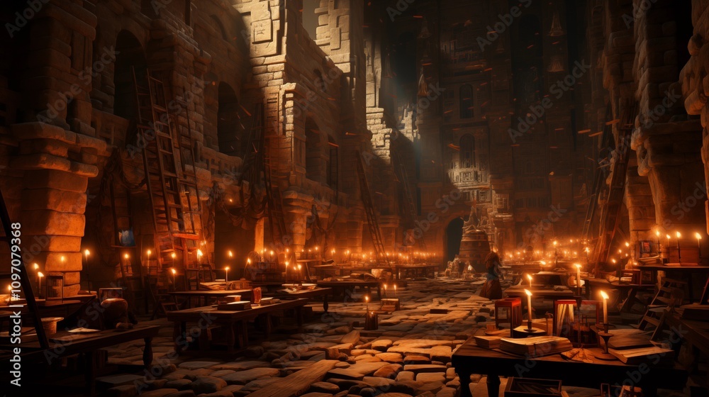 Obraz premium Historic Alexandria library with walls inscribed with hieroglyphs, showcasing ancient knowledge and art.