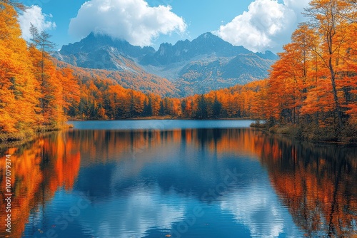 majestic mountains rise above a tranquil lake, its surface mirroring the stunning autumn foliage. warm tones of orange, red, and yellow create a serene, picturesque landscape